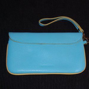 Barkgaard Turquoise Small Wristlet Purse W/Yellow Lining. Flap Closure W/Snap